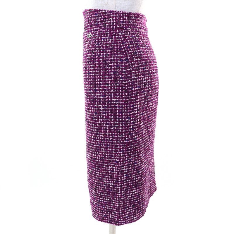 CHANEL 09P P35515 Coco Mark Plate Cotton Tweed Tight Skirt Purple 44 Made In