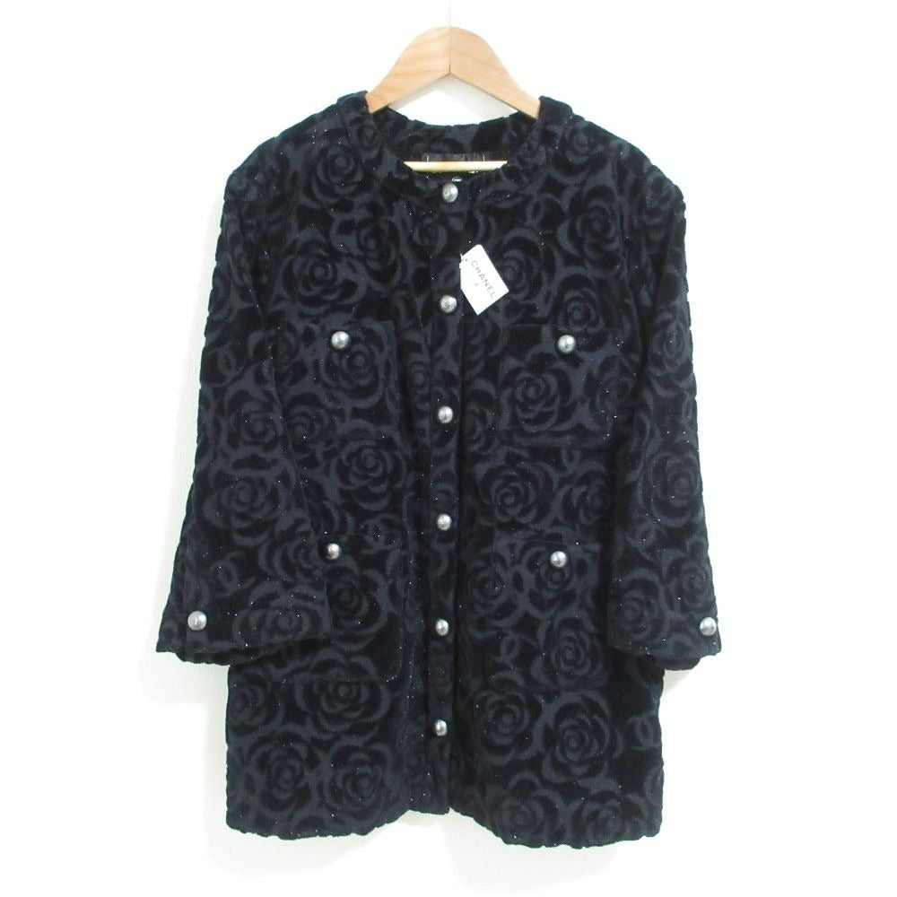 Chanel Camellia Pattern Velour Collarless Jacket 40 Black