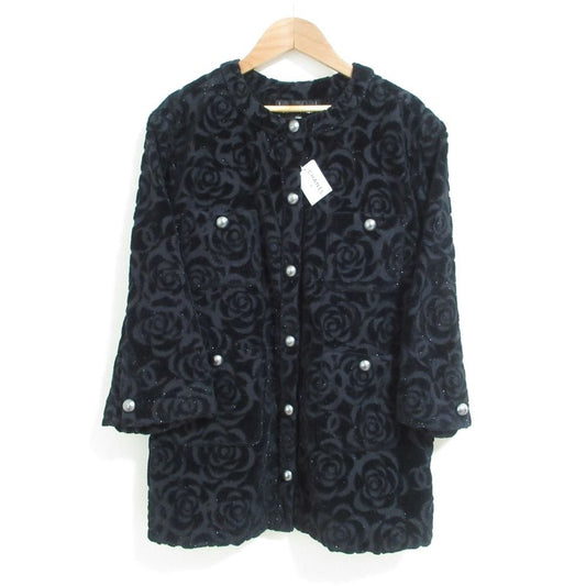 Chanel Camellia Pattern Velour Collarless Jacket 40 Black