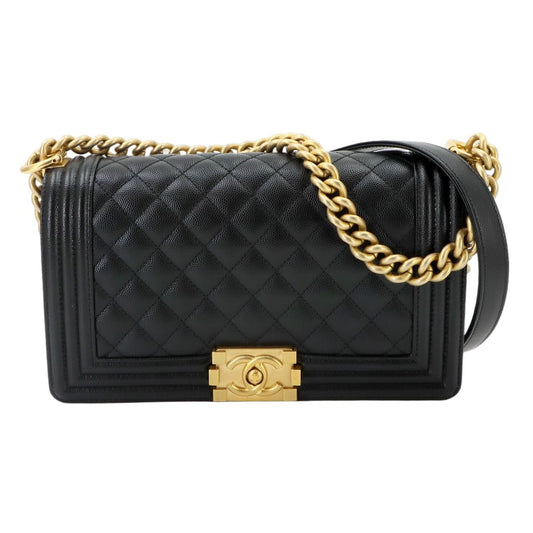 Chanel Boy Chain Shoulder Bag Caviar Leather Black Gold