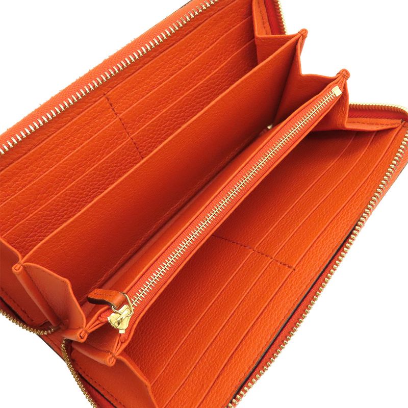 Gucci Long Wallet Logo Zip Around Wallet Leather Orange Gold Hardware Round