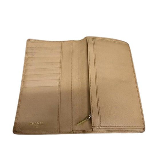 Chanel Bifold Long Wallet Beige Leather Coco Mark Button — view 3
