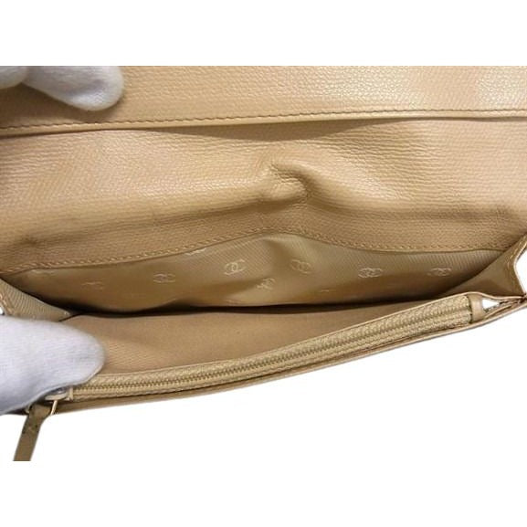 Chanel Bifold Long Wallet Beige Leather Coco Mark Button — view 4
