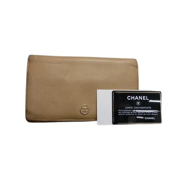 Chanel Bifold Long Wallet Beige Leather Coco Mark Button