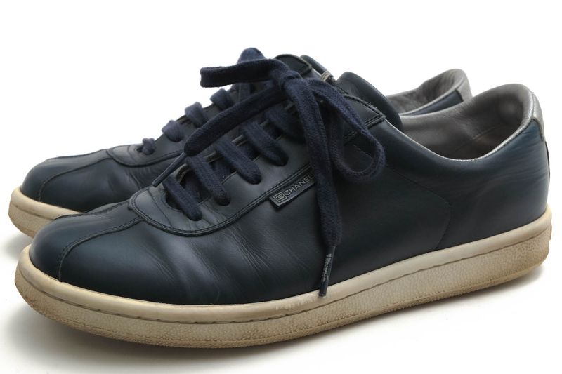 Chanel Shoes Sneakers Shoes Low Cut Women Leather Genuine Leather Navy Blue