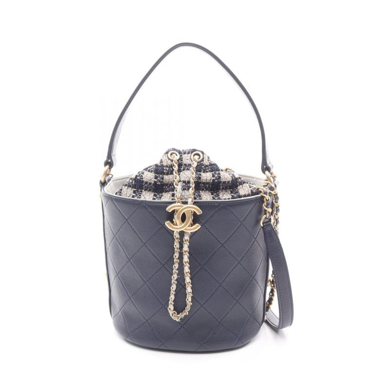 Chanel Shoulder Bag Quilted Small Bucket Navy Leather Fabric