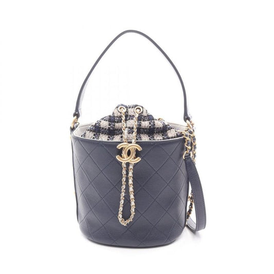 Chanel Shoulder Bag Quilted Small Bucket Navy Leather Fabric