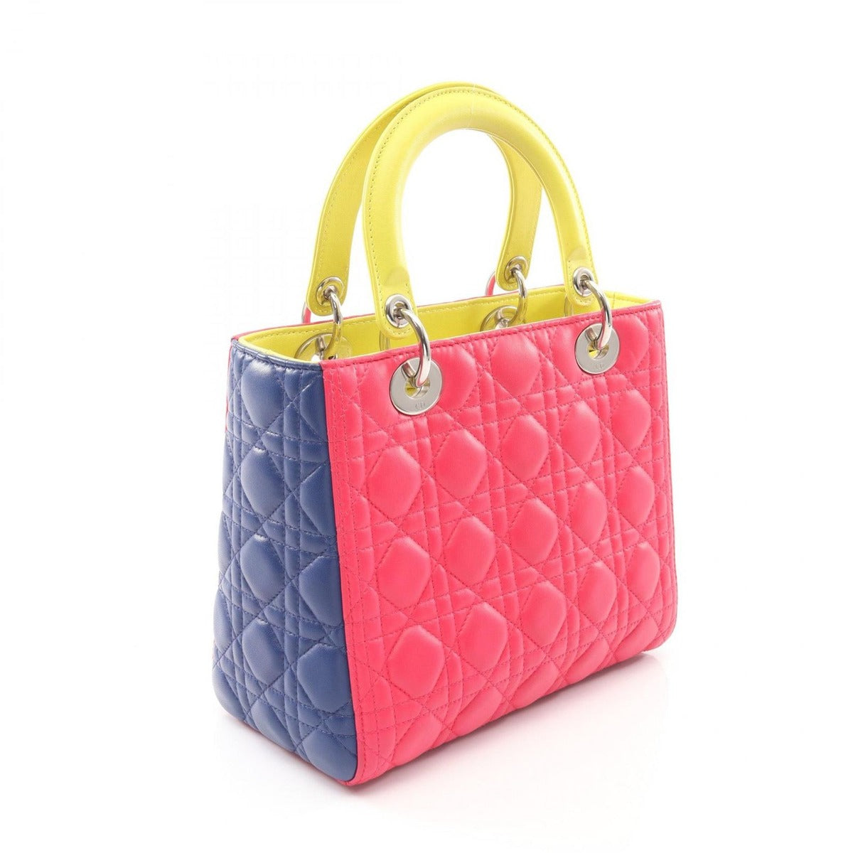 Dior Handbag Lady Dior Cannage 2-Way Magenta Blue Yellow Leather Tote — view 2