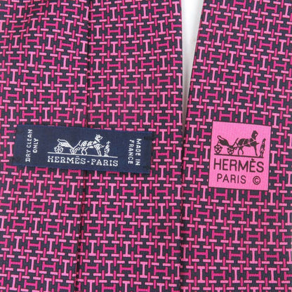 Hermes 5647 EA 100% Silk H Logo Motif Allover Pattern Regular Tie Navy Pink