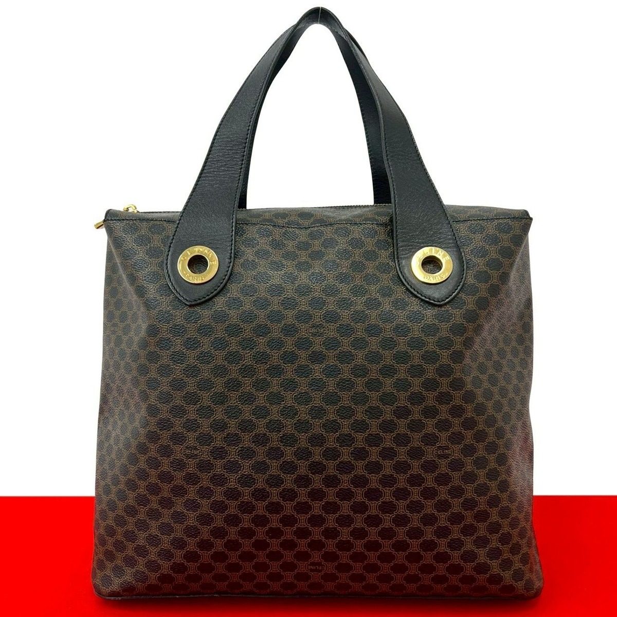 Celine Vintage Macadam Blason Triomphe Pattern Leather Tote Black Brown