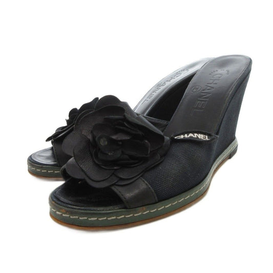 Chanel Camellia Sandals Leather 36.5 Black Wedge Sole Open Toe