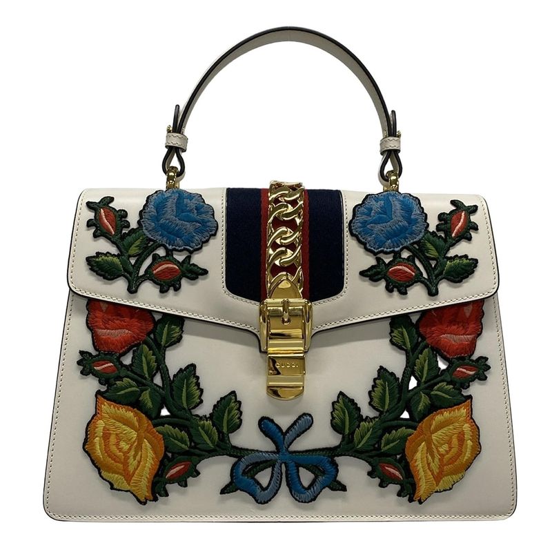 Gucci Handbag Sylvie 431665 White And Multi Embroidery/flowers Leather