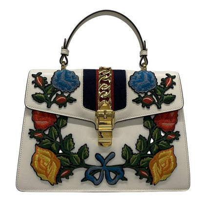 Gucci Handbag Sylvie 431665 White And Multi Embroidery/flowers Leather