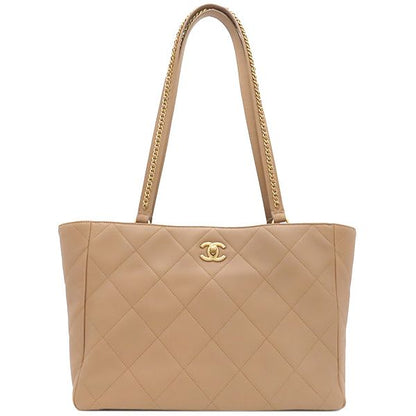 Chanel Tote Matelasse Shopping Bag Leather Beige Gold Hardware Shoulder As3508