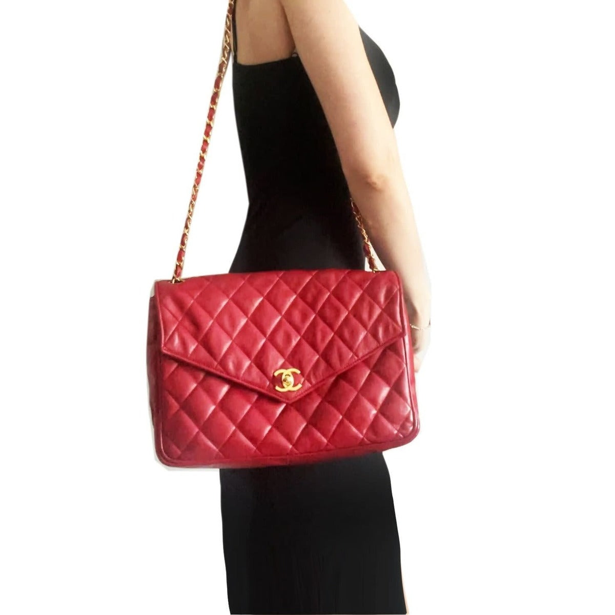 Chanel CC 24K Vintage Jumbo Envelope Flap Bag Lambskin Timeless Red — view 2