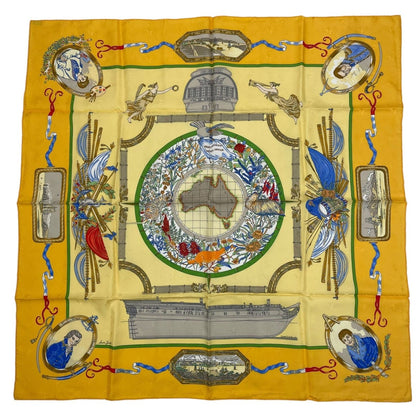 Hermes Scarf Silk Carre 90 le Geographe Geographer Yellow