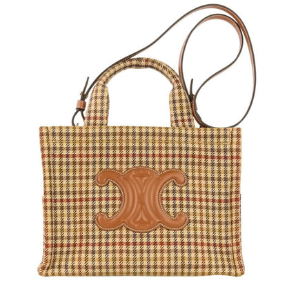Celine Triomphe Logo Small Cabas Thais Tweed 2-Way Shoulder Bag Brown Beige