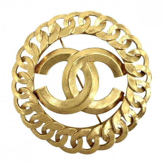 Chanel Brooch CC Logo Vintage Round Gold Plated
