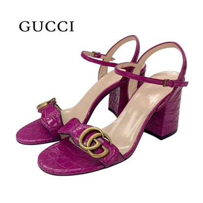Gucci Double G Sandals Shoes Leather Purple Gold GG Marmont Strap