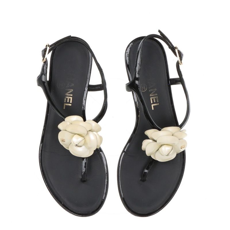 Chanel Coco Mark Camellia Patent Leather Sandals Women's 35C Black And Ivory
