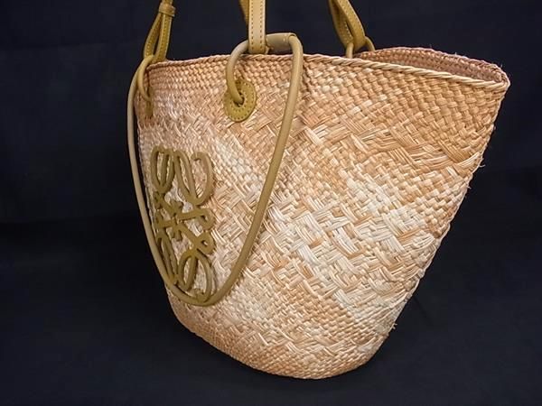 Loewe Anagram Straw X Leather Basket Bag Handbag Tote Women Beige Ft0538