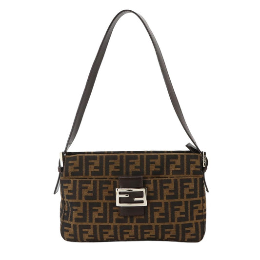 Fendi Zucca Shoulder Bag Canvas Leather Brown Silver