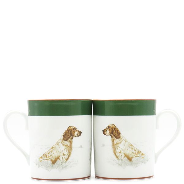 Hermes Tableware Chasse English Setter Mugs Pair Porcelain White and Green