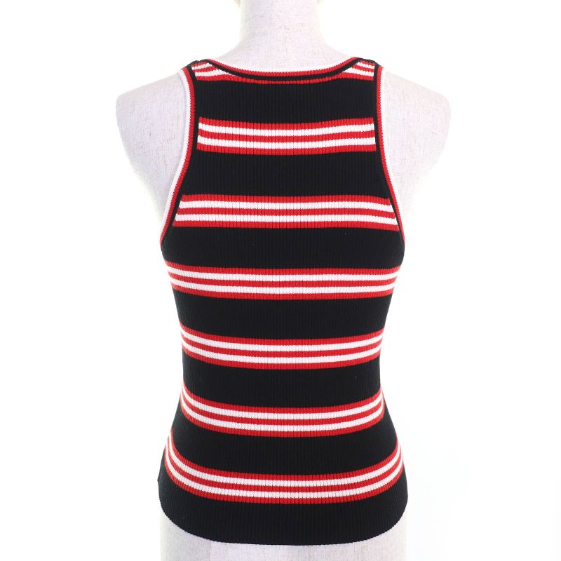 CHANEL P77660 Cotton Cashmere Coco Mark Part Striped Ribbed Tank Top Sleeveless