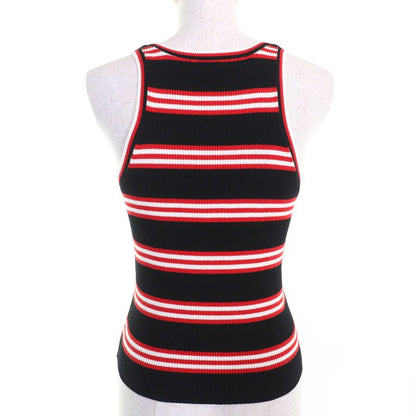 CHANEL P77660 Cotton Cashmere Coco Mark Part Striped Ribbed Tank Top Sleeveless