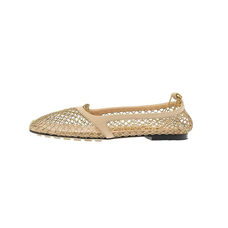 Bottega Veneta Stretch Ballerina Square Toe Mesh Chain Flat Shoes Beige 34 1 2