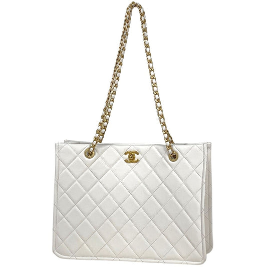 Chanel CC Logo Chain Tote Shoulder Bag Quilted Leather White