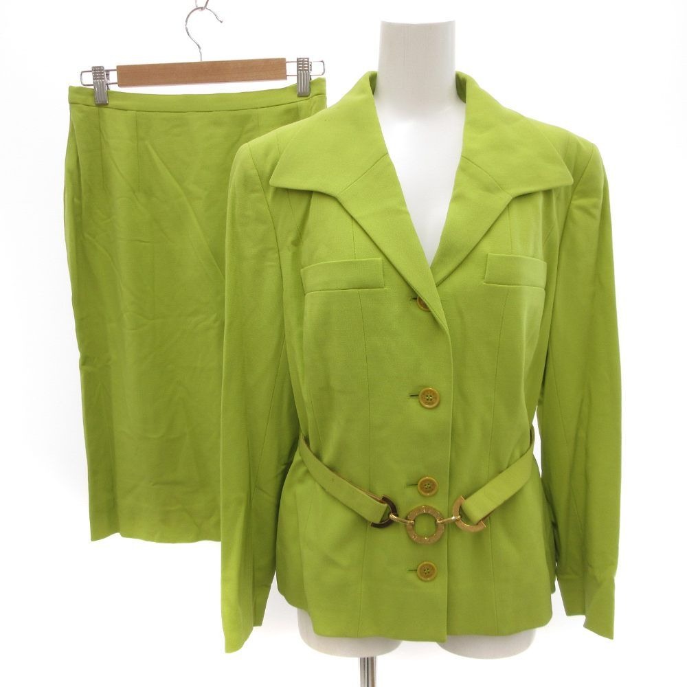 Celine Color Suit Set Tailored Open Collar Jacket Skirt Logo Golden Button 42