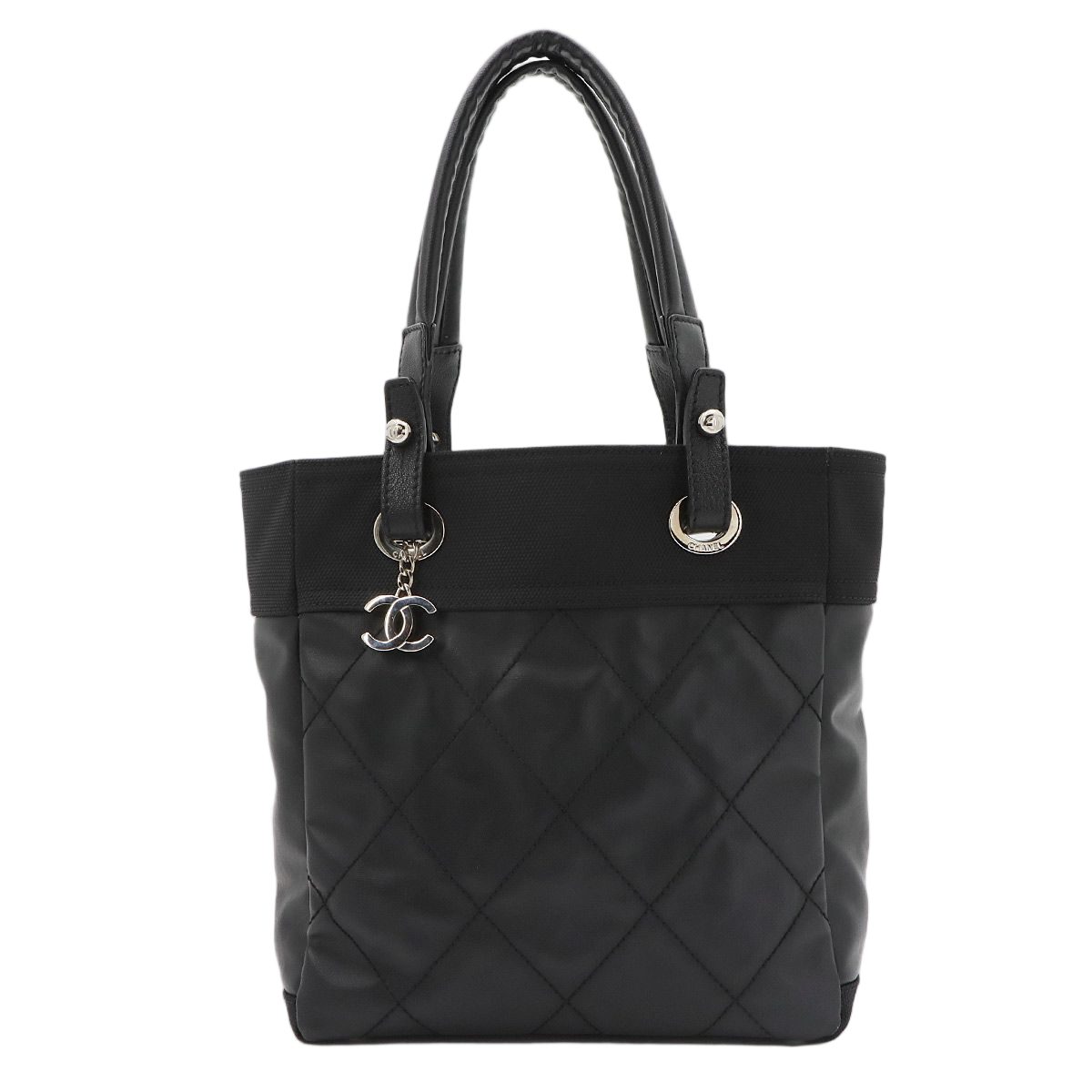 Chanel Paris Biarritz PM Tote Nylon Leather Black Silver