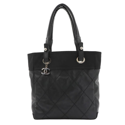 Chanel Paris Biarritz PM Tote Nylon Leather Black Silver
