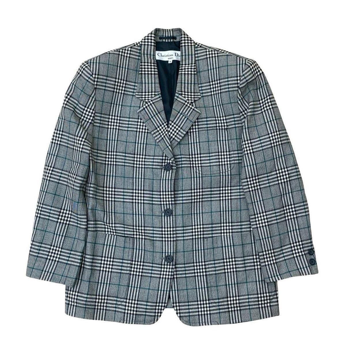Dior Christian Check Pattern Wool Polyester Tailored Jacket M Black White