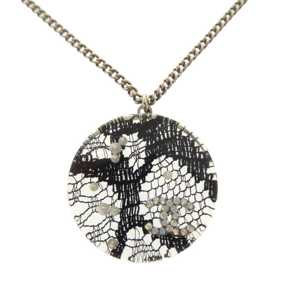 Chanel CC Logo Lace Faux Pearl Stone Resin Necklace Silver Black