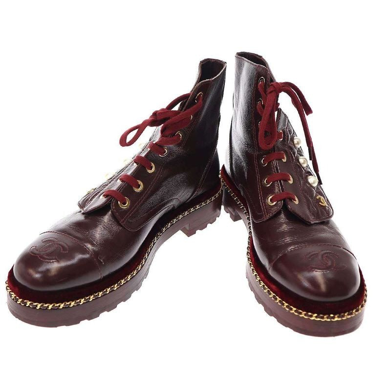 Chanel Pearl Chain Lace-Up Leather Boots Burgundy 37