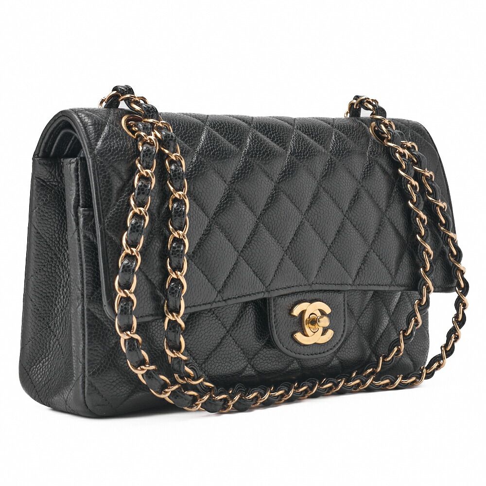 Chanel Chain Shoulder Bag Matelasse Double Flap 25 Caviar Skin Black (gold