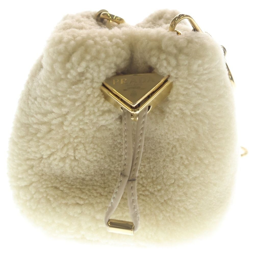 Prada Triangle Logo Fur Chain Shoulder Mini Bag Ivory
