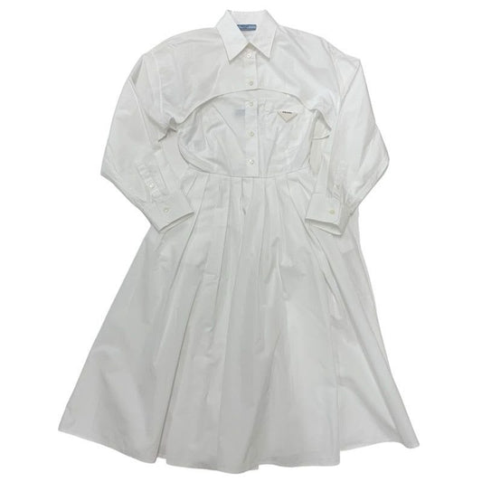 Prada Poplin Dress Cotton White Triangle Logo Set Suit