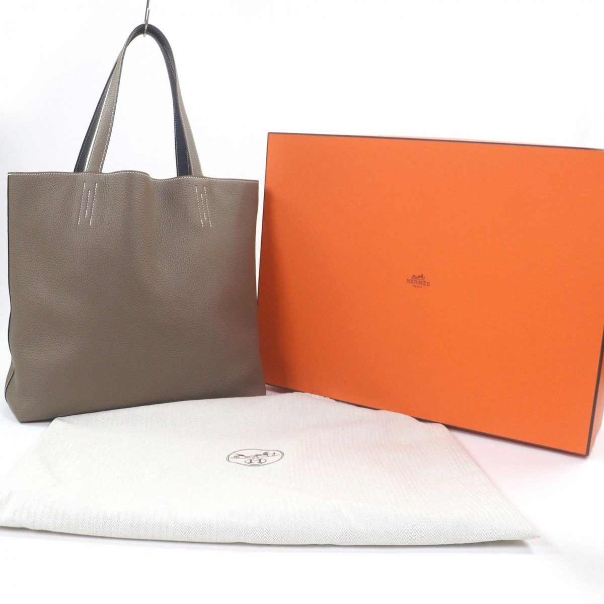Hermes Double Sens 45 Taurillon Clemence Leather Tote Etoupe Bourg Nuit — view 2