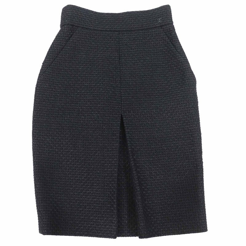 Chanel Tweed Below-knee Tight Skirt With Coco Mark Black 36
