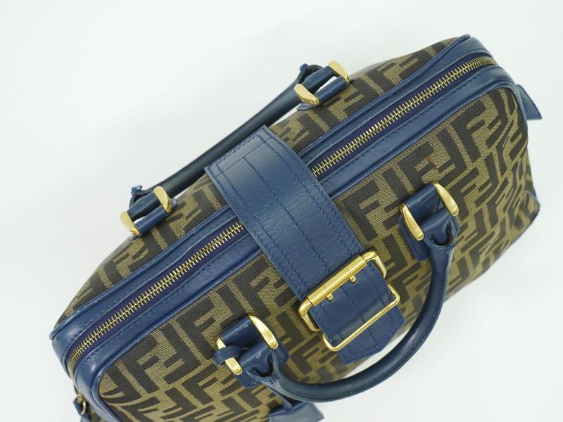 Authentic Fendi Zucca Handbag Canvas Brown Blue 8bn069 Zucca Bag Pre-owned