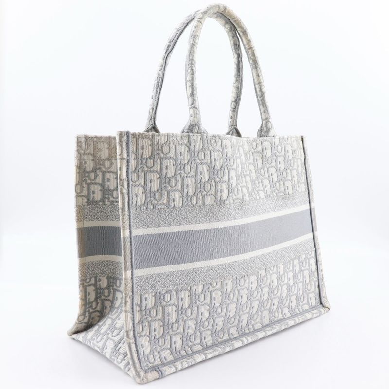 Dior Christian Dior Book Tote Medium Oblique Embroidery Cotton Light Gray