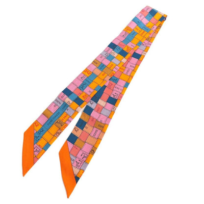 Hermes Twilly Bolduc Check Silk Orange Multicolor Scarf