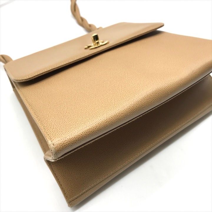 Chanel CC Logo Caviar Leather Turnlock Twist Handle Shoulder Bag Beige