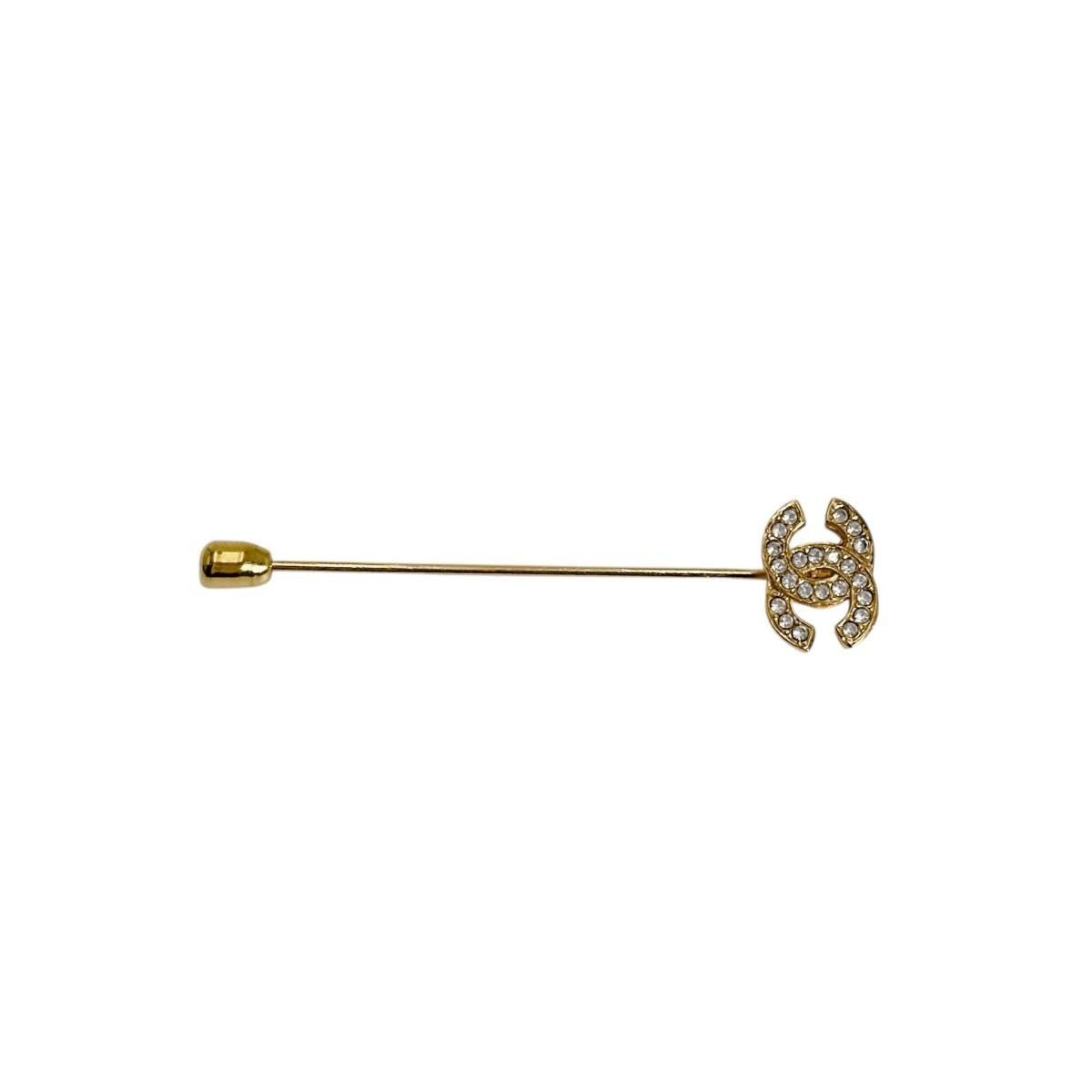 Chanel Line Stone Pin Brooch CC Logo Gold