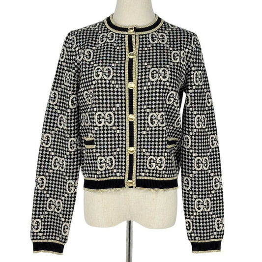 Gucci GG Pattern Cardigan Lame Top Wool Rayon Black Gold