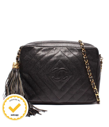 Chanel Chain Shoulder Bag CC Logo with Tassel Chez Blanc Stitching Gold Caviar