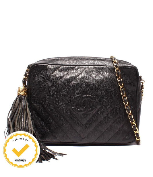 Chanel Chain Shoulder Bag CC Logo with Tassel Chez Blanc Stitching Gold Caviar